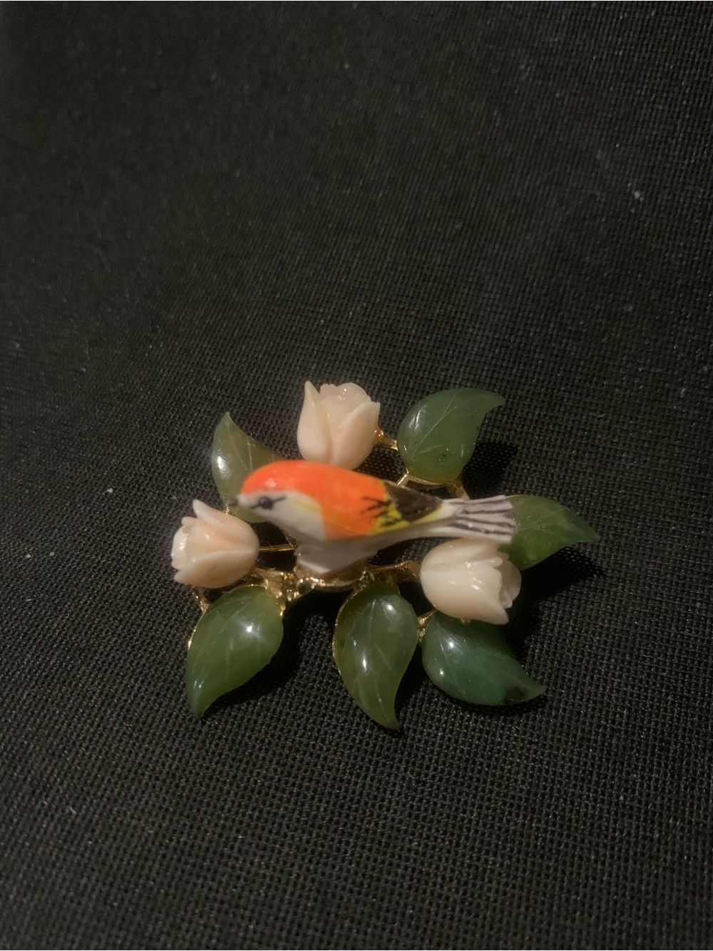 Swoboda Orange Bird Brooch with Green Leaves and Cream Flowers